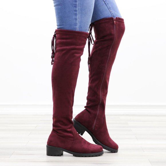 Wine Lug Sole Thigh High Boots Back Lace Tie - Picture 3 of 14